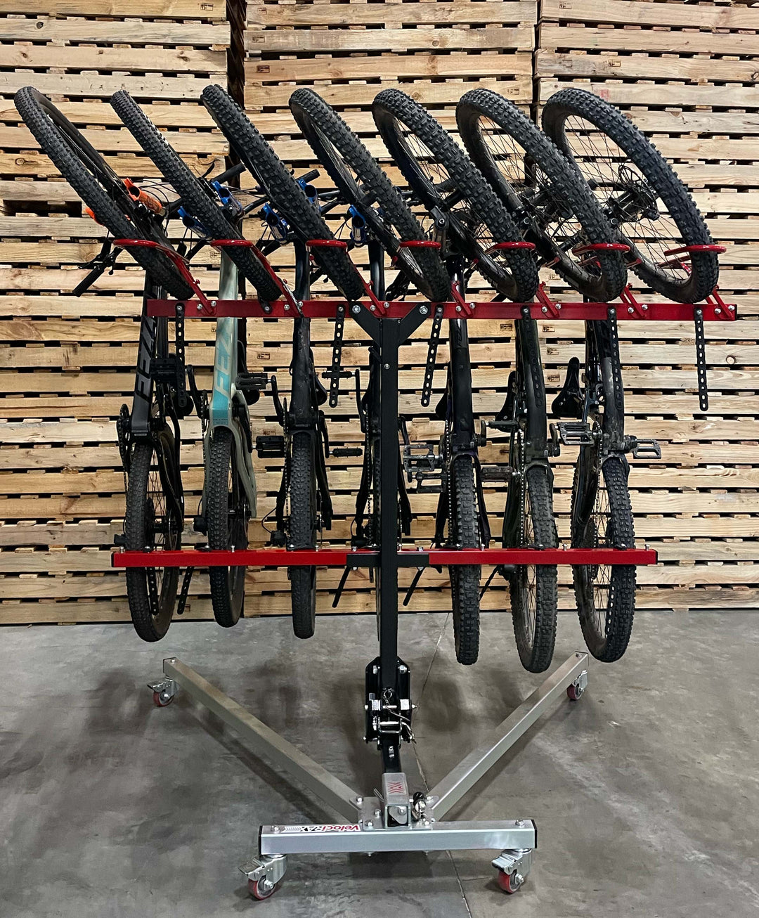 Bike Rack Rolling Stand holding a VelociRAX 7 with 7 bikes on it.